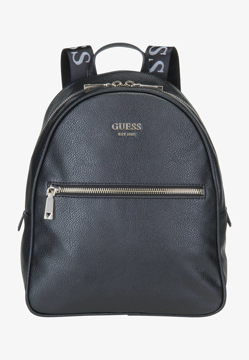 Sort rygsæk med tekstureret vegansk læder, cirkulær form, sølv lynlås, frontlomme og mærkede stropper. Har logo i metallisk finish.