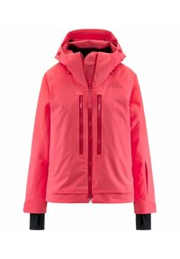 Giacca impermeabile rosa brillante con cappuccio, chiusura zip frontale, due tasche sul petto e polsini neri. Texture liscia e design moderno.