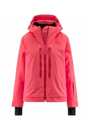 Giacca impermeabile rosa brillante con cappuccio, chiusura zip frontale, due tasche sul petto e polsini neri. Texture liscia e design moderno.
