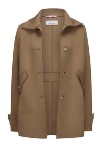 Brauner maßgeschneiderter Blazer aus weicherm Stoff, mit Kragen, zwei vorderen Taschen, Knopfverschlüssen und einem floral gemusterten Futter.