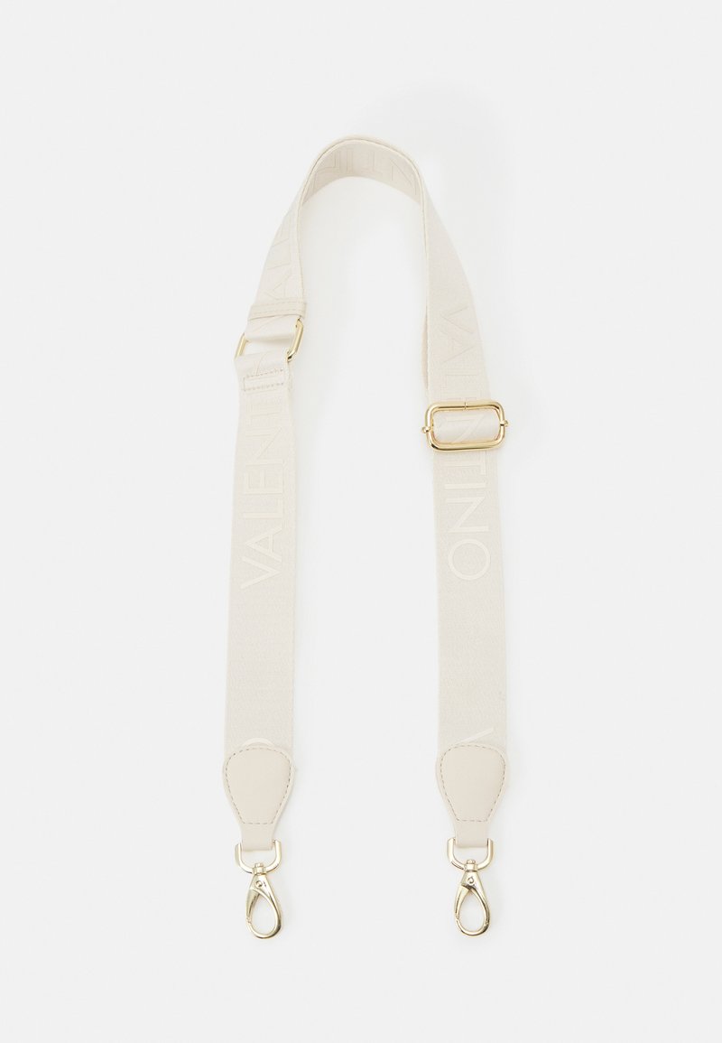 Beige kangas olkahihna, jossa on kohokuvioitu "VALENTINO"-logo, kultasävytetty metallikuvio, irrotettavat klipsit ja sileä pinta.