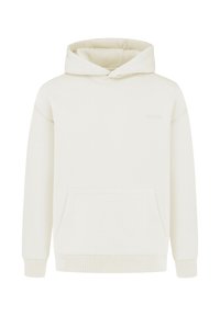 Beige Pullover-Hoodie aus weichem Stoff, mit einer großen Fronttasche, gerippten Bündchen und einer Kapuze mit Kordelzug. Minimales Markierungsdetail vorhanden.