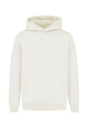 Beige pullover hoodie gemaakt van zachte stof, met een grote zak aan de voorkant, ribbelmanchetten en een capuchon met trekkoord. Minimale merkdetails aanwezig.