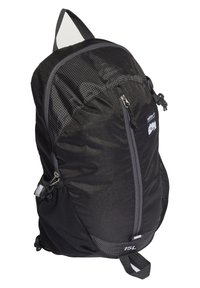 Musta reppu, jossa on teksturoitu pinta, edessä vetoketjullinen tasku, verkkokylkitaskut ja harmaat yksityiskohdat. Tilavuus: 15 litraa.