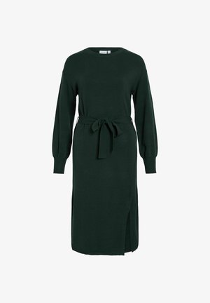 Tume roheline kudum dresses pikkade varrukatega, ümar kaelus ja seotud vöö; lisaks on külgmine lõhe, mis annab lisadetaili.