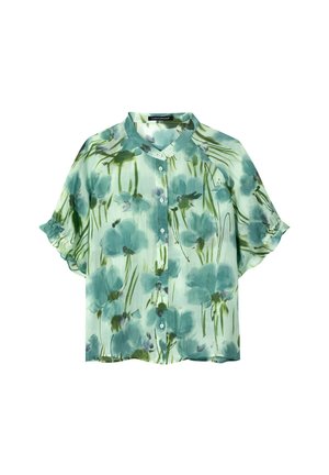 Light green short-sleeve button-up blouse with a floral pattern in shades of blue and green and a mandarin collar.
