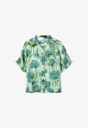Light green short-sleeve button-up blouse with a floral pattern in shades of blue and green and a mandarin collar.