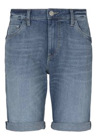 Shorts de mezclilla en azul claro, con dobladillo enrollado, cinco bolsillos y cierre tradicional de botón de metal. Textura suave con un leve desvanecimiento.