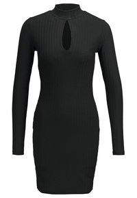 Robe noire à manches longues côtelées avec col montant et découpe en forme de goutte à l'avant, silhouette ajustée et ourlet à hauteur des genoux.