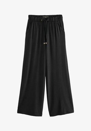 Pantalones negros de pierna ancha fabricados en un tejido suave. Presentan una cinturilla elástica con cordón, dos bolsillos laterales y un corte relajado.