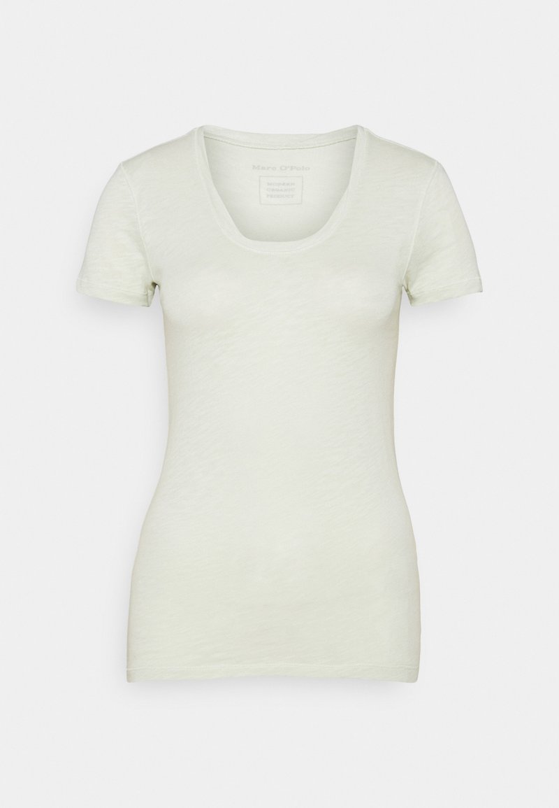 Light green short-sleeve t-shirt with a scoop neckline, made from soft, textured fabric, featuring a slim fit and minimal design details.