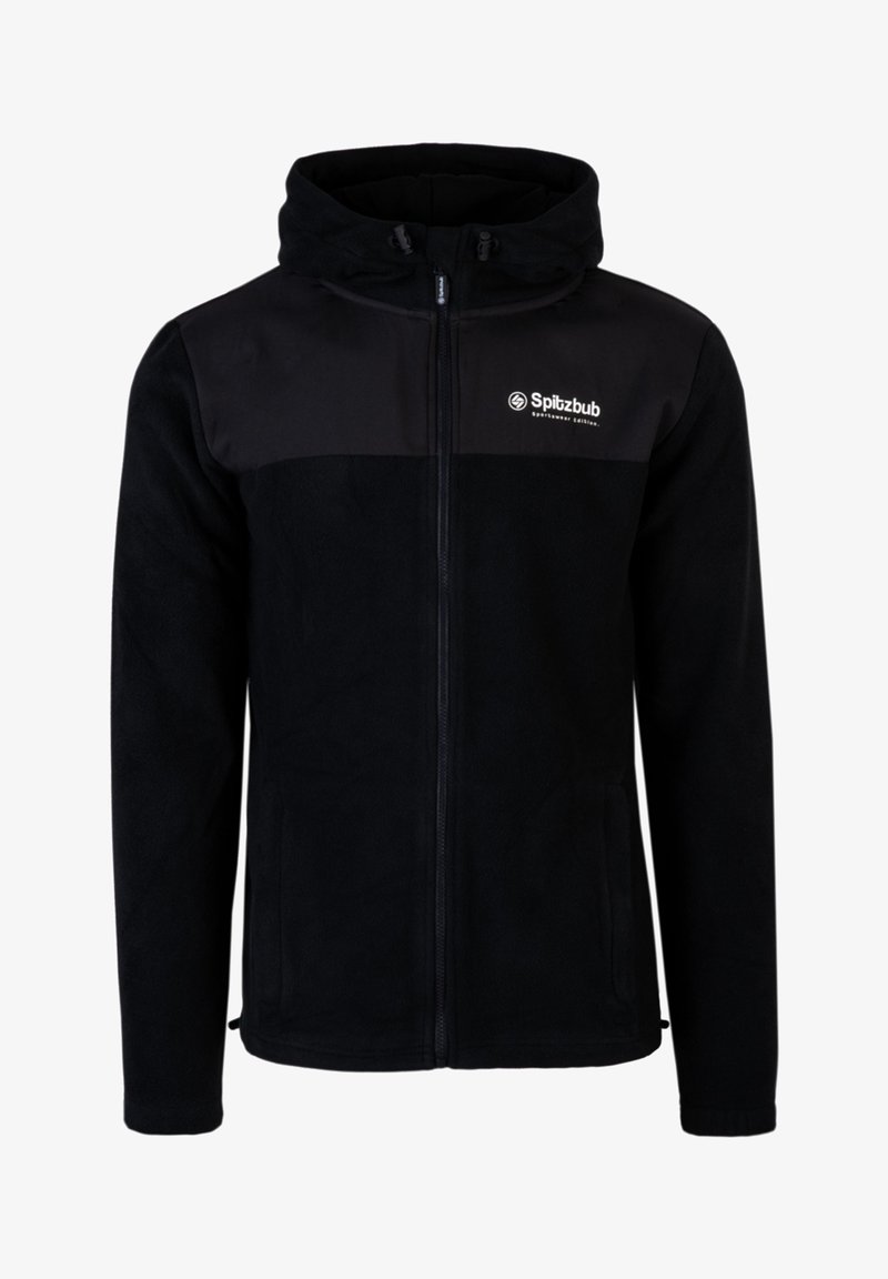 Schwarze Fleecejacke mit Reißverschluss vorne, Kapuze und zwei Seitentaschen. Der obere Teil besteht aus einem einfarbigen schwarzen Stoff mit einem Logo. Glatte Textur.