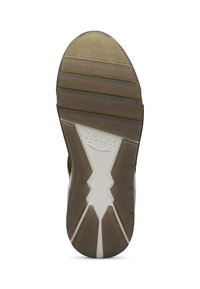 Suola di scarpa con parte superiore in gomma marrone testurizzata, dettagli bianco sporco e motivo a zigzag. Presenta rilievi per la trazione e un design leggero.