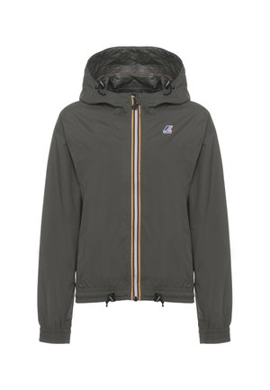 K-way grigio scuro con cappuccio, polsini elastici, coulisse regolabili sull'orlo e zip frontale con strisce multicolori e piccolo logo sul petto.