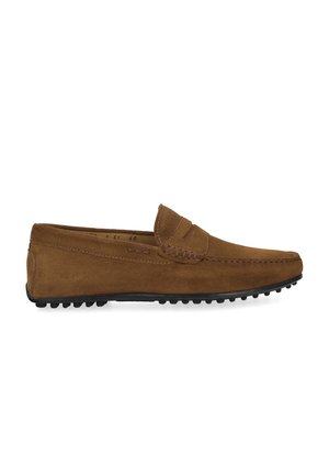 Brown suede men's loafer with black rubber sole and stitching details along the upper and around the toe area.