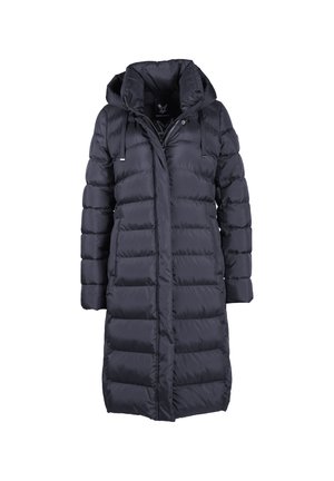 Padded dark navy coat with a hood, long length, and a zippered front. Features horizontal quilting and drawstring adjustments at the hood.