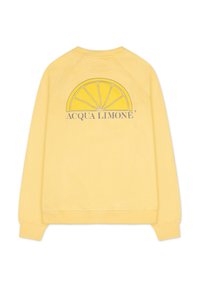 Gul sweatshirt med en cirkulär grafik av en citronskiva och texten "ACQUA LIMONE" på baksidan. Mjuk tyg med ribbade ärmslut och nederkant.