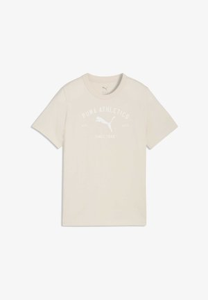 Hellbeiges kurzärmeliges T-Shirt aus weichem Material, mit einem weißen Logo, das "PUMA ATHLETICS" und die Silhouette eines springenden Pumas zeigt.