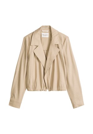 Beige cropped jasje met brede revers, lange mouwen en elastische zoom, plat liggend tegen een witte achtergrond.