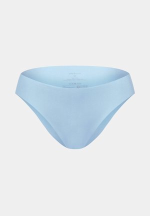 Hellblaue nahtlose Damen-Bikini-Unterwäsche in mittlerer Größe, vor einem schlichten weißen Hintergrund präsentiert.