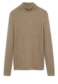 Beige pletený svetr s vysokým límcem, který má strukturovaný kabelkový vzor a dlouhé rukávy, vyrobený z měkkého a útulného materiálu.