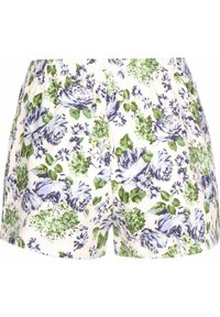 Květinové šortky s bílým základem, zdobené modrými a zelenými růžemi a různými zelenými rostlinami. Elastický pas pro pohodlí.