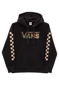 Sudadera negra con un colorido logo de "VANS" y un patrón de cuadros beige en las mangas. Fabricada en tejido suave con un bolsillo frontal.