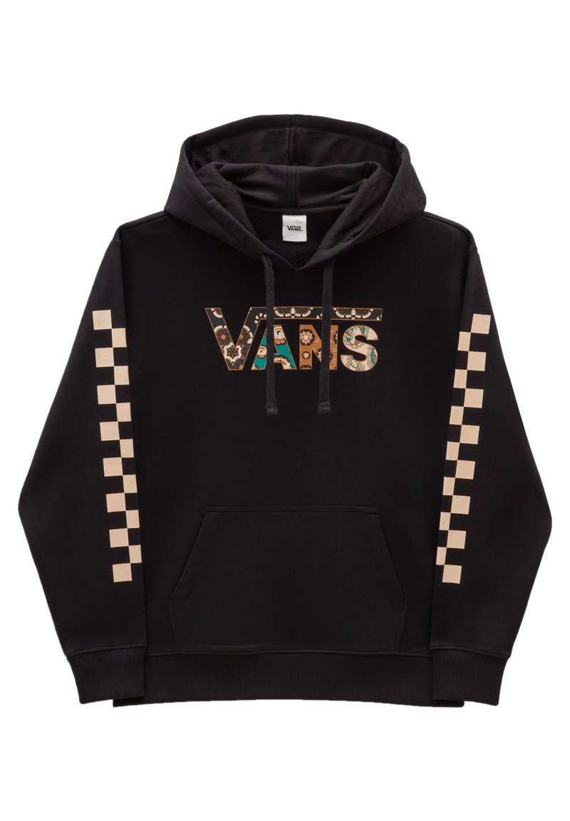 Sudadera negra con un colorido logo de "VANS" y un patrón de cuadros beige en las mangas. Fabricada en tejido suave con un bolsillo frontal.