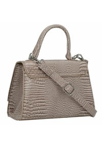 Bolso de mano con grabado de cocodrilo en taupe claro, con forma estructurada, asa superior y una correa ajustable con acentos de hardware en plata.