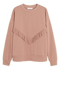 Jasnoróżowy sweatshirt wykonany z miękkiego materiału. Posiada detale w kształcie v z falbaną na przodzie oraz ściągacze przy mankietach i u dołu. Casualowy krój.