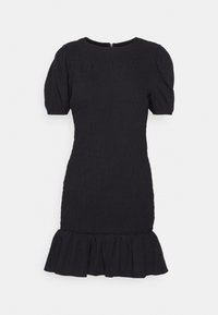 Vestido preto com mangas curtas em balão, textura com franzido e barra rodada. Fecho com zíper nas costas. Feito de tecido leve.