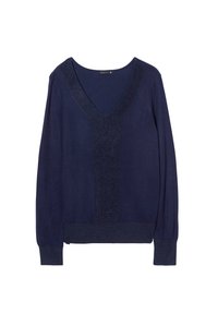 Marineblauer Pullover mit tiefem V-Ausschnitt, ausgestattet mit einem strukturierten, schimmernden Vorderteil sowie gerippten Bündchen und Saum. Leichtes Strickmaterial.