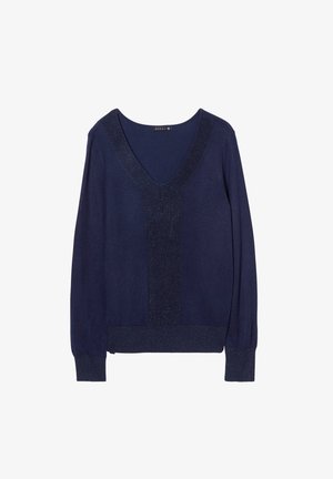 Navy blue sweater with a deep V-neck, featuring a textured, shimmering front panel and ribbed cuffs and hem. Lightweight knit material.