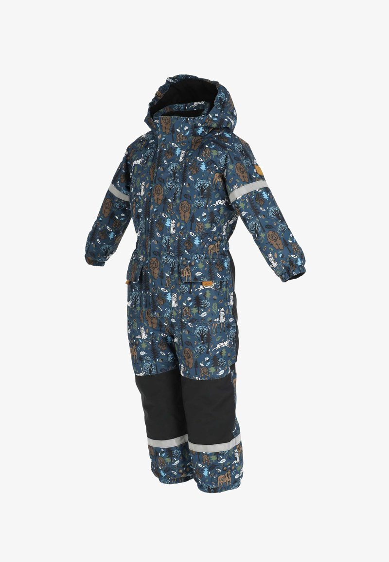 Blauwe waterdichte overall met capuchon voor kinderen, versierd met dieren- en boompjesprints, zwarte versterkte knieën, elastische manchetten en reflecterende strips op de mouwen en benen.