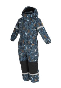 Lapsen sininen hupparillinen vedenpitävä haalari, jossa on eläin- ja puukuviot, mustat vahvistetut polvet, joustavat hihansuut sekä heijastinliuskat hihoissa ja lahkeissa.