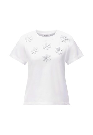 White short-sleeve T-shirt with round neck, decorated with seven white embroidered 3D floral appliqués across the chest.