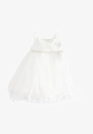 Weißes ärmelloses Kleid mit transparentem, geschichtetem Rock und silbernem, perlenbesetztem Taillenband, entworfen für ein Kleinkind oder junges Kind.