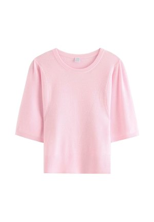 Lyserød, kortærmet ribstrikket top med rund halsudskæring og diskret V-formet strikkemønster foran.