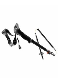 Black hiking pole with a textured grip, adjustable length, and elastic strap. Features metallic components and a twist-lock mechanism.