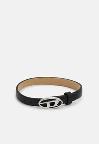 Black leather belt with a smooth texture, featuring a silver oval buckle and multiple holes for adjustable fitting. Inner lining is tan.