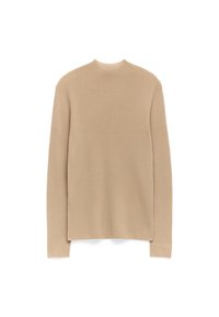 Pull en maille beige à manches longues et col haut. Présente une texture lisse et une forme structurée, avec peu de coutures visibles.
