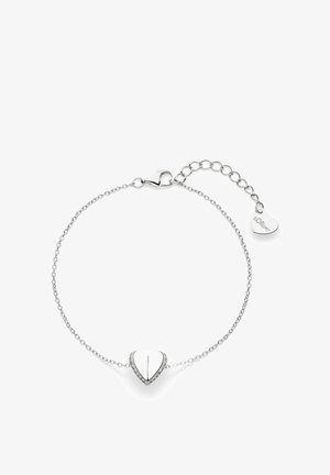 Silberarmband mit einer polierten Herzanhänger im geteilten Design, besetzt mit kleinen klaren Steinen, verstellbare Länge mit herzförmigem Verschluss.