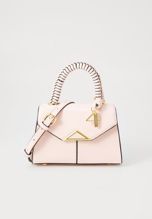 Pink leather handbag with a structured design, gold accents, a geometric flap, and a striped handle. Includes a detachable charm.