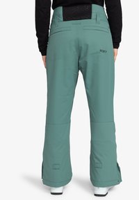 Mintgroene snowboardbroek met een gestructureerde zwarte tailleband, een relaxte pasvorm en versterkte boorden voor duurzaamheid. Bevat Roxy-merkbranding op de achterkant.