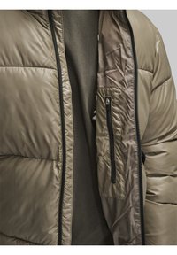 Kergitjakas oliivrohelises värvitoonis, millel on sile ja läikiv välimus, lukuga tasku ning pehme sisekate. Disain sisaldab tikitud sektsioone.