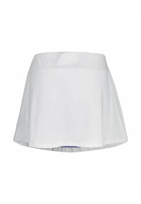 Falda atlética blanca con cinturilla amplia y pantalones cortos azul incorporados debajo, exhibida sobre un fondo blanco liso.