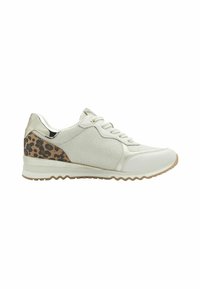 Valge tennisetoss tekstureeritud trikotaazpealsega, metallic aktsentidega ja leopardimustriga kandpaneeliga. Painduv talla, millel on laineline mustriga disain.