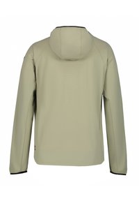 Chaqueta beige clara con capucha, que presenta una textura suave y un detalle perforado en la parte posterior. Mangas largas con acentos negros en los puños.