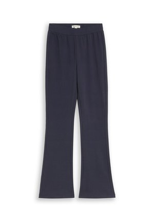 Donker marineblauwe rechte broek met een elastische tailleband, plat weergegeven op een witte achtergrond.