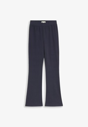 Donker marineblauwe rechte broek met een elastische tailleband, plat weergegeven op een witte achtergrond.